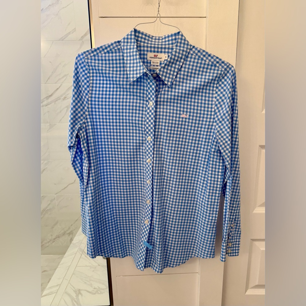 VINEYARD VINES Women’s Blue/White Check Relaxed Button-Down Shirt, size 8